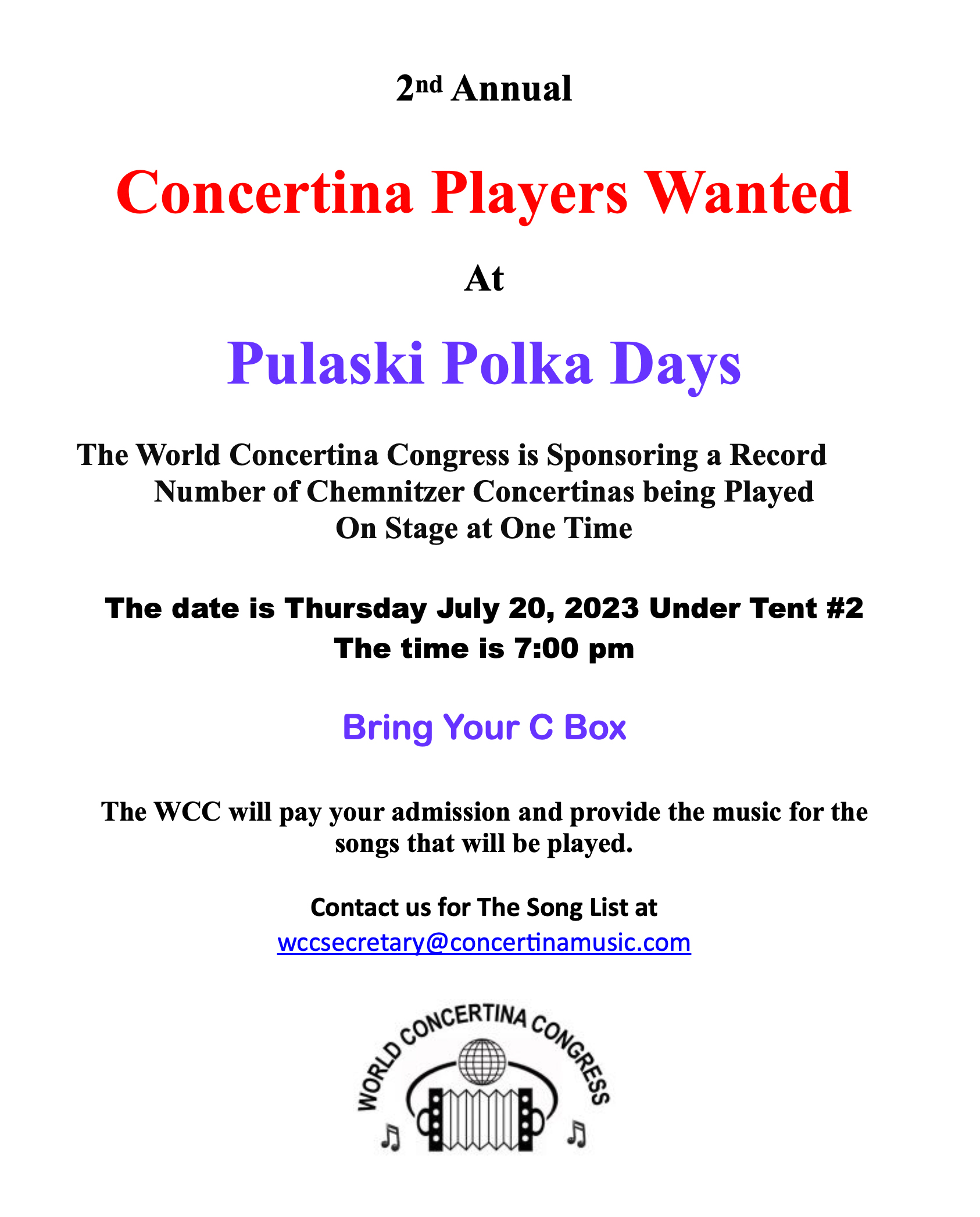 The World Concertina Congress, Pulaski Polka Days, Concertina Players Wanted, americas best polka festival